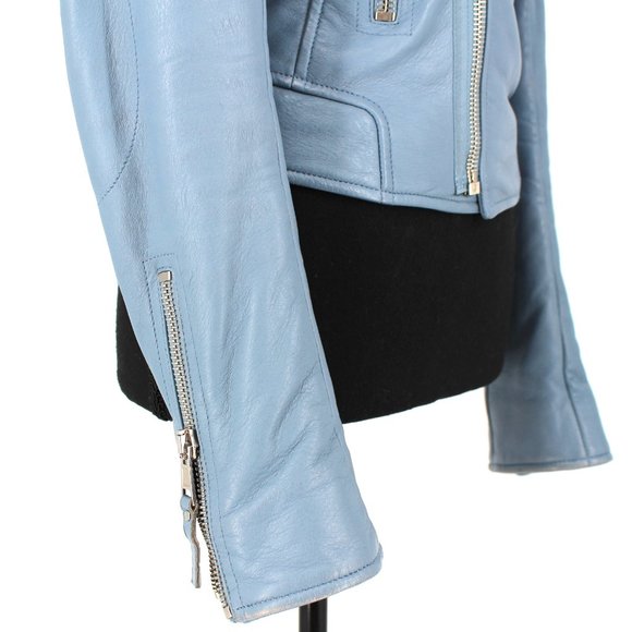 Balenciaga Leather Jacket Light Blue Lamb Moto Biker Silver Zip Jacket 36 Small - Picture 3 of 8